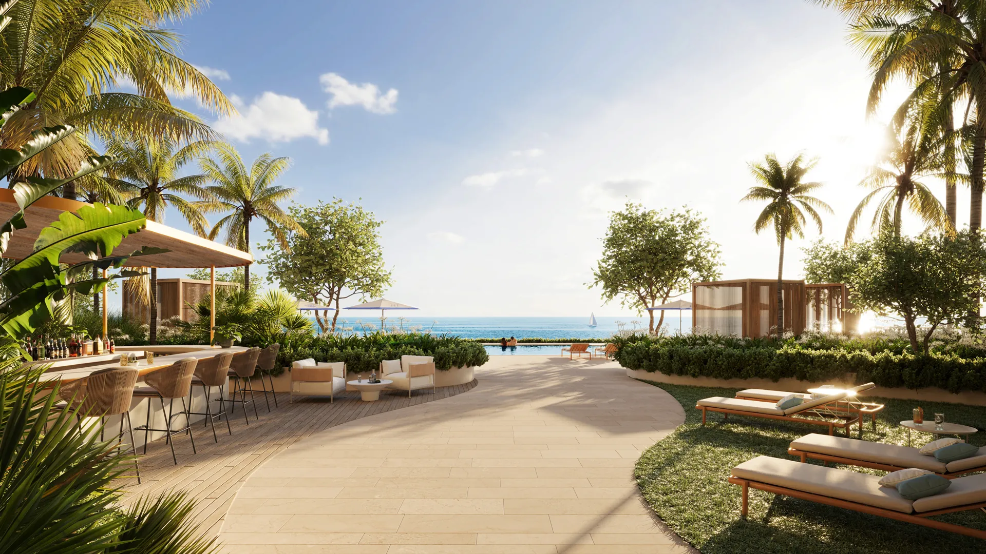 A resort pool deck with palms, cabanas and the ocean beyond