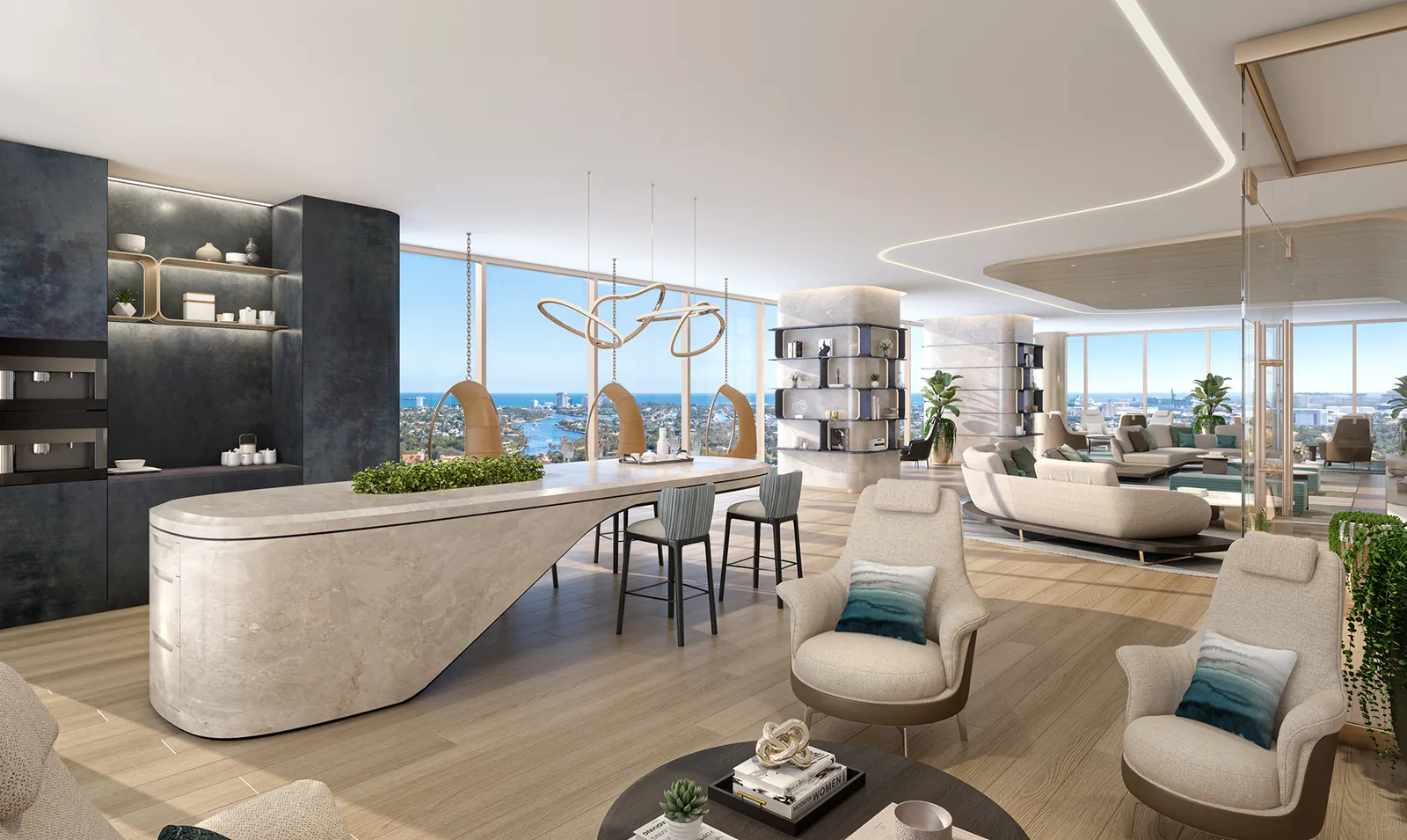A residents' lounge with a sculpted stone bar and walls of glass to the water