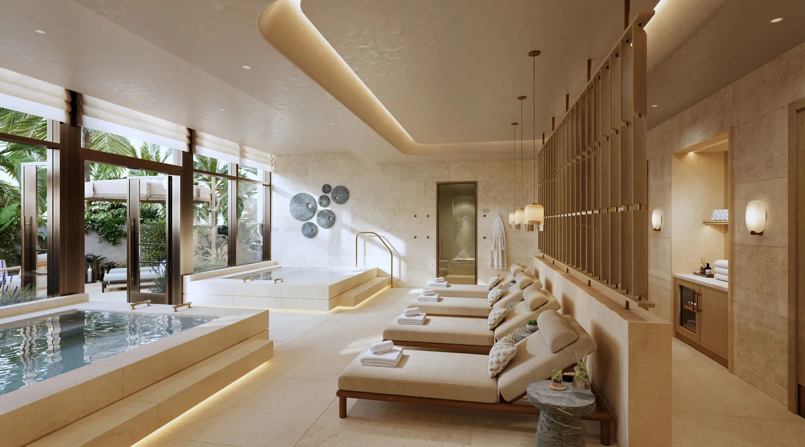 A spa with a plunge pool and a row of loungers
