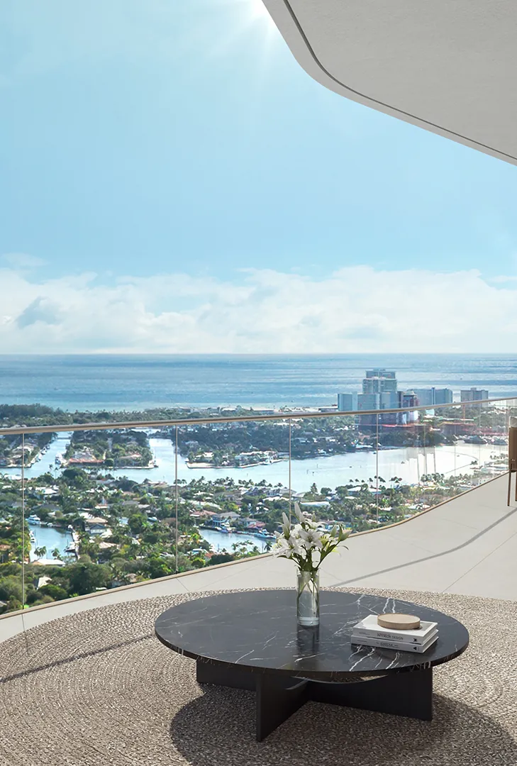 A glass-railed terrace high above the Fort Lauderdale waterways